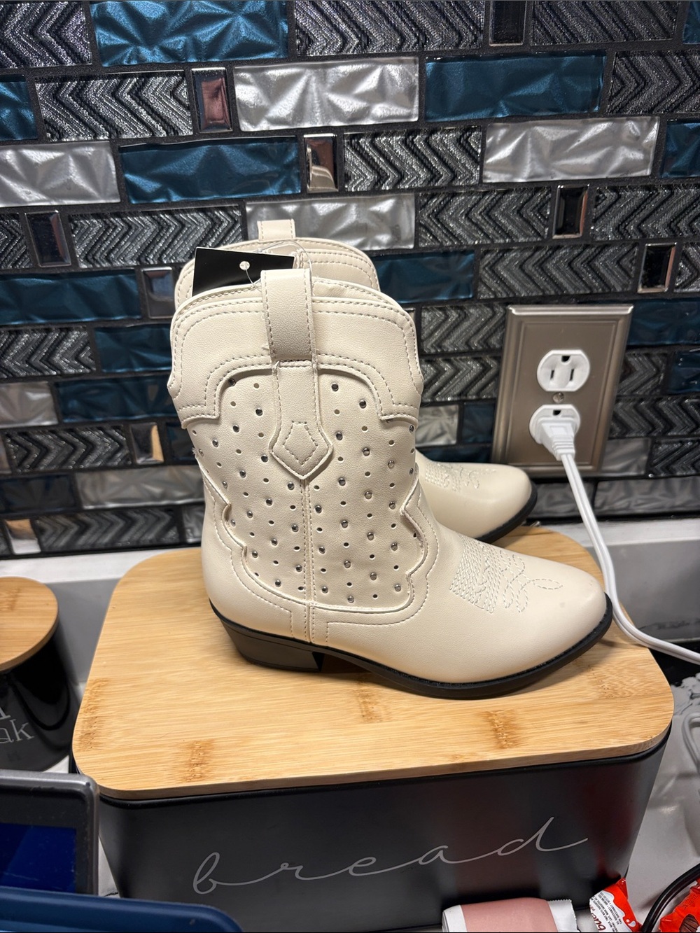 art class Cream Girls' Western Ankle Boots with Perforated Detail - Picture 2 of 7